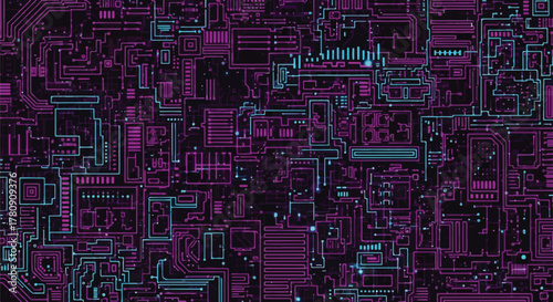 Cybernetic Circuitry: A detailed overhead view of an integrated circuit board displaying intricate patterns and structures, showcasing the complexity of modern technology.