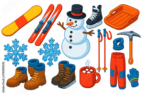Winter Sports Icons. Isometric vector illustration set winter sports and fun: carving snowboard, alpine racing skis, hockey skates