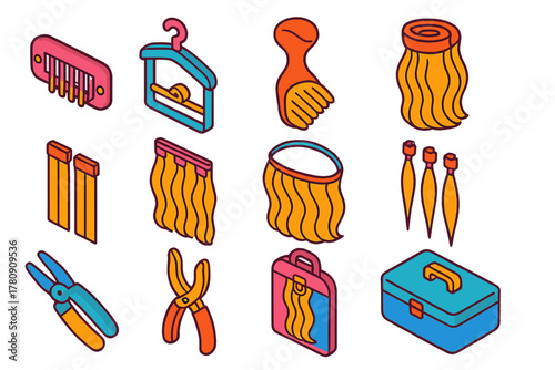 Hair Extension Toolkit. Isometric vector illustration set Hairdressing and Grooming Tools: hair extension clip, hair extension
