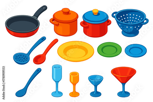 Colorful Kitchen Icons. Isometric vector illustration set Kitchen and Dining Elements: non-stick frying pan, ceramic saucepan,