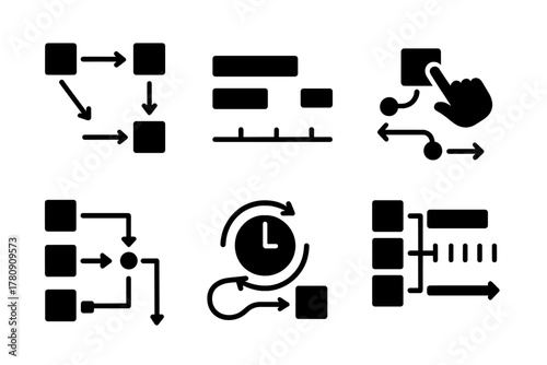 Temporal Flow Icons. Solid style icons of visual programming for temporal flow: node graph with time arrows, timeline-based editor