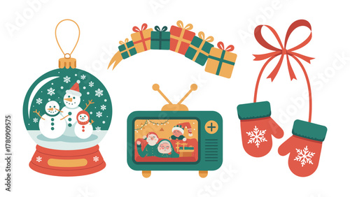 Holiday Festive: A cluster of festive symbols evoking the spirit of the holiday season, with gifts, television, snow globe, and mittens, painted with playful charm, symbolizing the joys of the season.