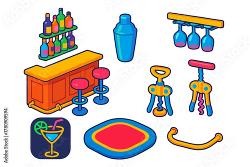 Home Bar Essentials. Isometric vector illustration set Interior layout – home bar counter, bar stools, liquor shelf; cocktail