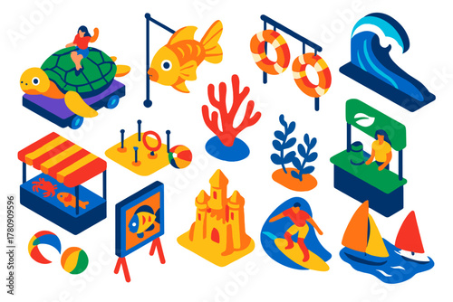 Ocean Festival Celebration. Isometric vector illustration set Ocean Festival: turtle parade float, fish lantern, coral sculpture,