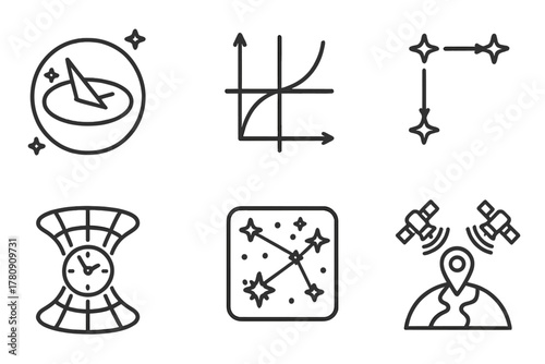 Space and Time Icons. Line style icons of time and navigation in space learning: sundial in orbit, space-time diagram, light-year