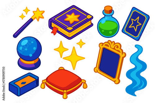 Mystic Storytelling Icons. Isometric vector illustration set Storytelling icons – magic wand, spell book, potion vial; crystal