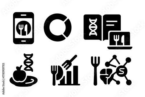 Food-Gene Tracking Icons. Solid style icons of food-gene interaction tracking: meal logging app icon, nutrient tracker ring, gene