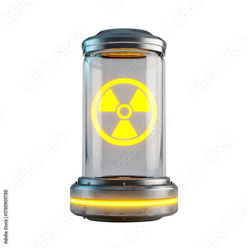 Radioactive material in a futuristic containment unit. 3D render of a glowing energy cell with nuclear symbol, isolated on black background.