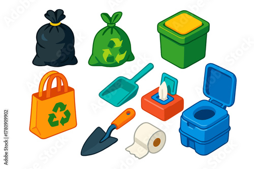 Camping Essentials Icons. Isometric vector illustration set Camping essentials – trash bags, biodegradable bags, waste container;