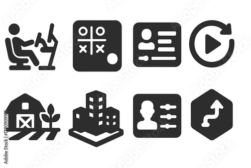 Gaming Simulation Icons. Solid style icons of gaming simulations: racing sim rig icon, strategy grid badge, life simulator panel.