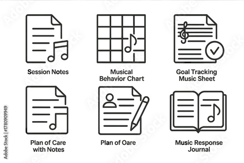 Music Therapy Icons. Line style icons of music therapy documentation: session notes icon, musical behavior chart, goal tracking