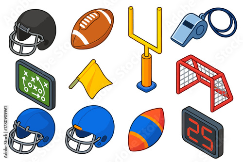 American Football Essentials. Isometric vector illustration set American football: matte black helmet, modern synthetic football,