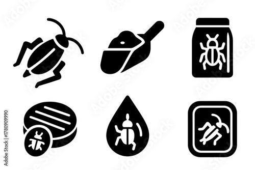 Edible Insect Icons. Solid style icons of edible insect forms: dried cricket icon, ground mealworm scoop, beetle protein powder