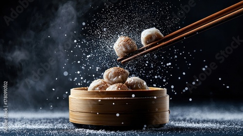 Dumplings are lifted with chopsticks from a steamer, releasing steam and particles against a dark background