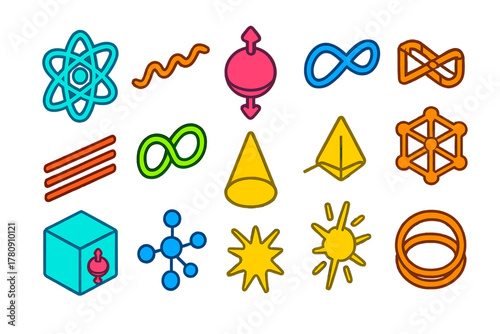 Minimalist Quantum Symbols. Isometric vector illustration set Minimalist Quantum Symbols: atom outline, wave outline, qubit