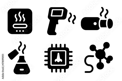 Fragrance Detection Technology. Solid style icons of fragrance input components: scent detection sensor, aroma scanner, digital