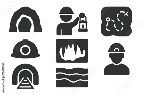 Subterranean Tourism Icons. Solid style icons of subterranean tourism: cave entrance glyph, guided lantern icon, underground map
