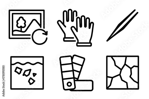 Antique Restoration Icons. Line style icons of Antique Restoration: restored painting, cotton gloves, precision tweezers, paint