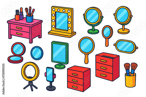 Makeup Vanity Essentials. Isometric vector illustration set Makeup Essentials and Accessories: makeup vanity, lighted vanity