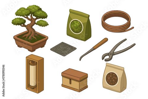 Bonsai Gardening Tools. Isometric vector illustration set of Bonsai gardening: cork bark tree, bonsai moss bag, twisted wire roll.