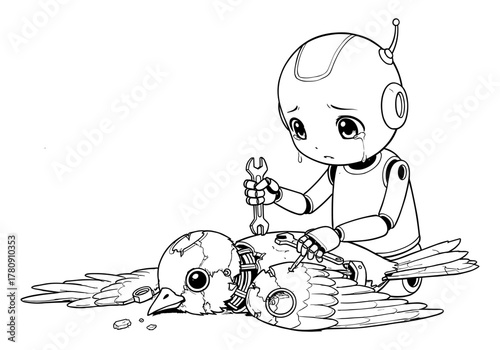 Robot repairs mechanical bird with wrench in emotional line art scene