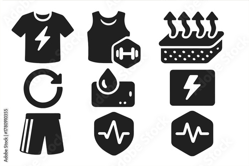 Solid Style Sportswear Icons. Solid style icons of sportswear with mood dyes: reactive jersey icon, workout shift badge, training