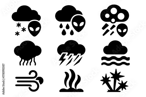Alien Weather Icons. Solid style icons of alien weather phenomena: ammonia snow, methane rain, silicon hail. Iron clouds, glass