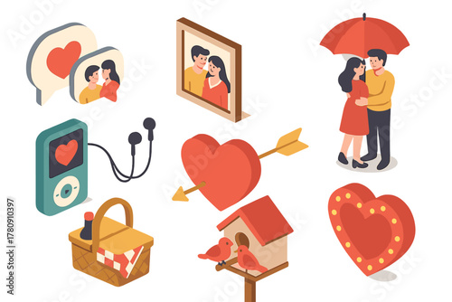 Romantic Isometric Icons. Isometric vector illustration set of Romantic & Love: couple heart chat, engagement photo frame, couple