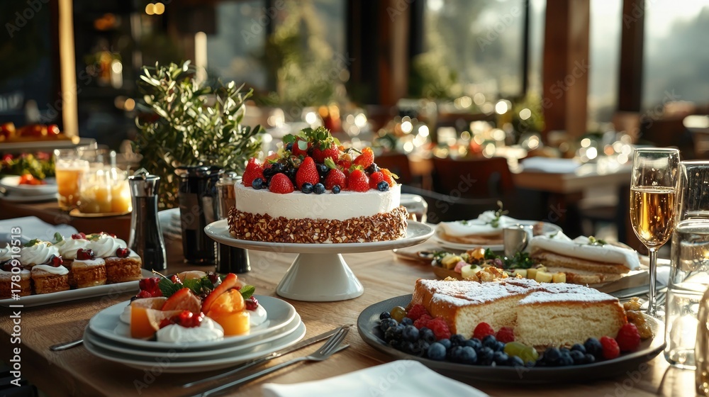 Naklejka premium A diverse spread of desserts and dishes adorns a wooden table. Background includes a restaurant setting with large windows