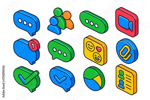 Communication Apps Icons. Isometric vector illustration set Messaging and Communication Apps: chat bubble, group chat icon, voice