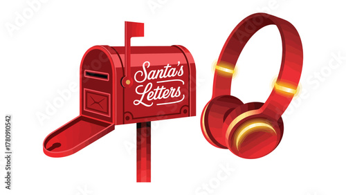 Santa's Letters: A festive scene, showcasing a red mailbox labeled Santa's Letters alongside a pair of red headphones, evoking the spirit of holiday correspondence. 