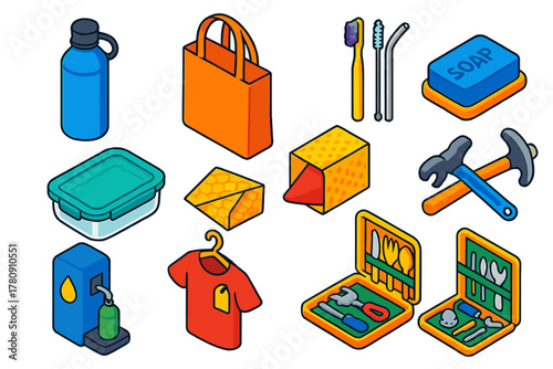 Zero Waste Essentials. Isometric vector illustration set Zero Waste Lifestyle: reusable water bottle, cloth shopping bag, bamboo