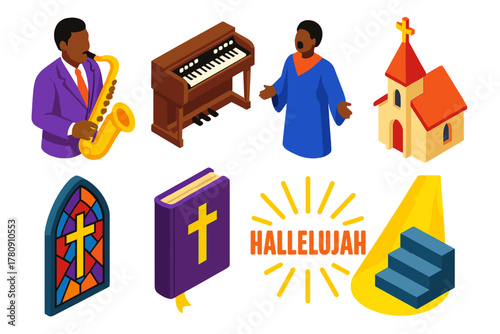 Colorful Gospel Ensemble. Isometric vector illustration set Musical genres – soulful sax, Hammond organ, gospel choir robe; church