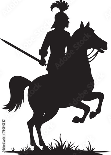 Silhouette of a man on horseback holding a sword riding