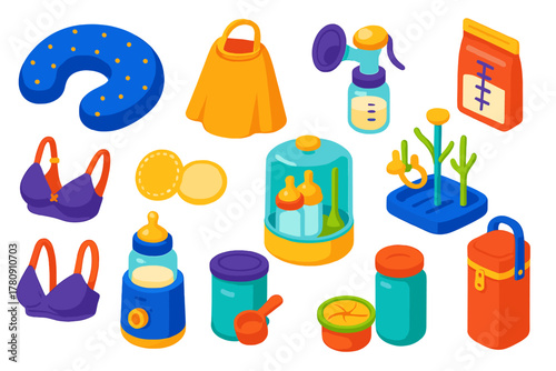 Colorful Baby Essentials Icons. Isometric vector illustration set Baby Essentials: nursing pillow, breastfeeding cover, breast
