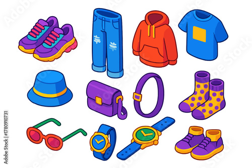 Street Fashion Icons. Isometric vector illustration set Street fashion – chunky sneakers, distressed jeans, oversized hoodie;