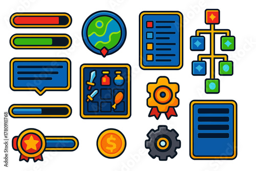 Gaming UI Elements. Isometric vector illustration set Gaming UI and HUD: health bar, stamina bar, minimap, quest tracker,