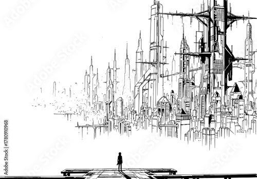Futuristic cityscape skyline with solitary figure in black and white