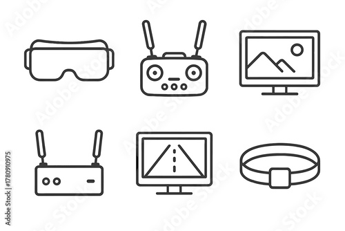 FPV Gear Line Icons. Line style icons of FPV (first-person view) gear: FPV goggles front view, controller with antennas, live