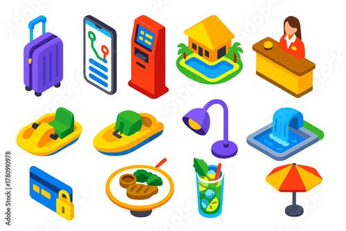Travel Icons Collection. Isometric vector illustration set Travel and Hospitality: portable suitcase, smartphone itinerary,