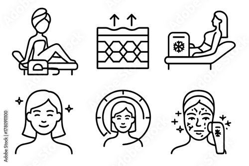 Cryotherapy Beauty Icons. Line style icons of cryotherapy for beauty: beauty spa icon, collagen firming, cryo body contouring,
