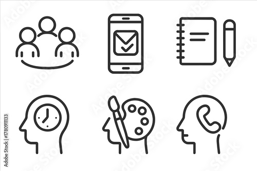 Post-Session Support Icons. Line style icons of post-session support structures: peer integration group, check-in message,