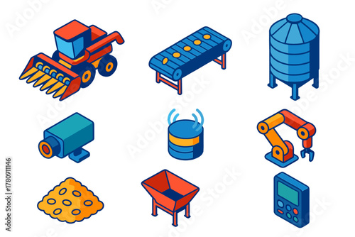 Smart Farming Tech. Isometric vector illustration set Smart farming – robotic harvester, conveyor belt, grain bin; vision camera,