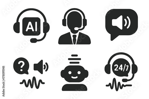 Voice Support Icons. Solid style icons of voice-enabled customer service: headset with AI icon, voice support agent, voice help