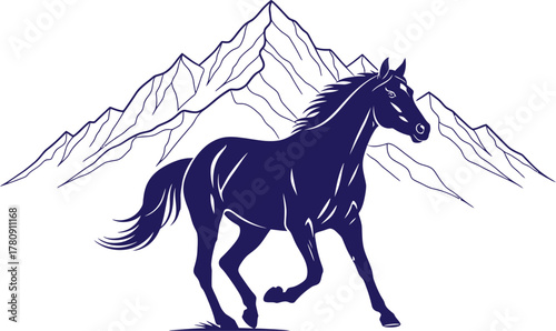 Dark Blue Silhouette of Horse Running in Front of Mountain Range on White Background galloping