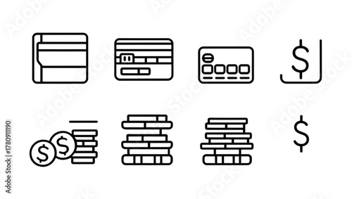 Finance icons set: Cards, coins and money symbols illustrating banking, payment methods and investment, perfect for fintech and financial services designs