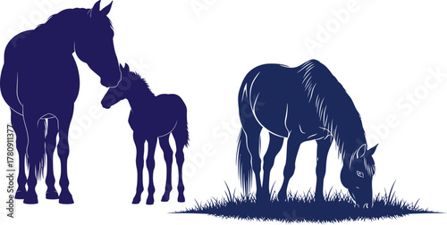Dark Blue Silhouettes of a Mare and Foal with a Grazing Horse Keywords: horse, mare, foal, colt, baby horse, grazing, grass, meadow