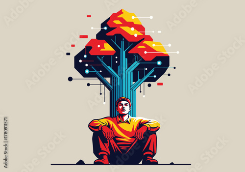 Abstract urban nature fusion: man merges with futuristic tree in surreal style