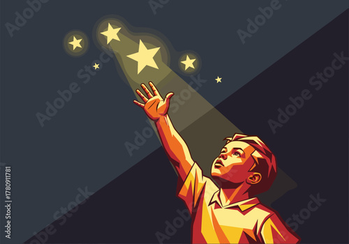 Boy reaching for stars in geometric art style