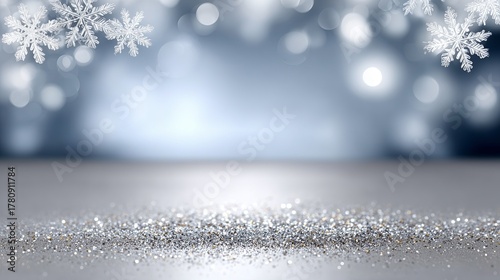 Sparkling silver winter scene with snowflakes and shimmering lights